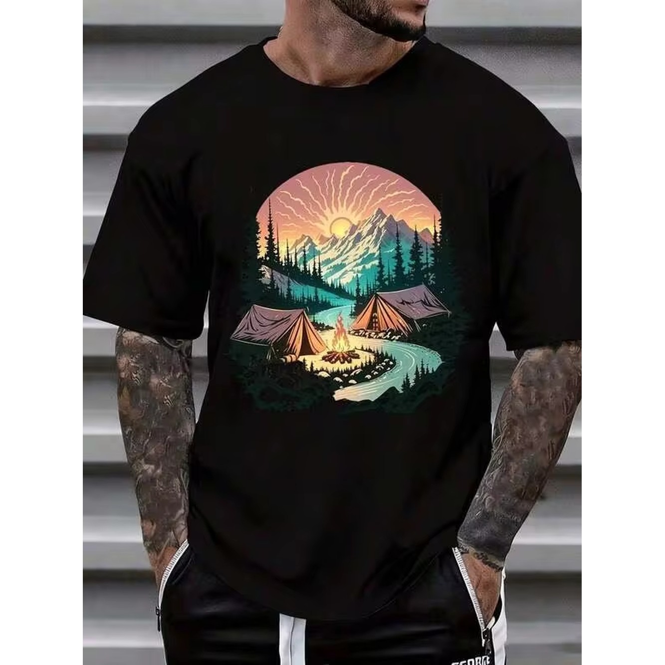 Outdoor Camping Adventures - Camping Mountain Sunset Scene Graphic T-Shirt